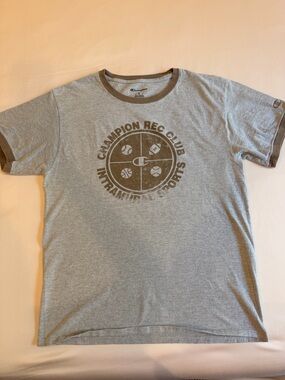 Champion Vintage Rec Club Ringer Tee Gray Brown Trim Graphic Shirt Size M